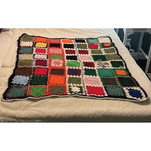 VTG Crochet Granny Square Black Multicolor Afghan Throw Blanket 49x43 Retro READ